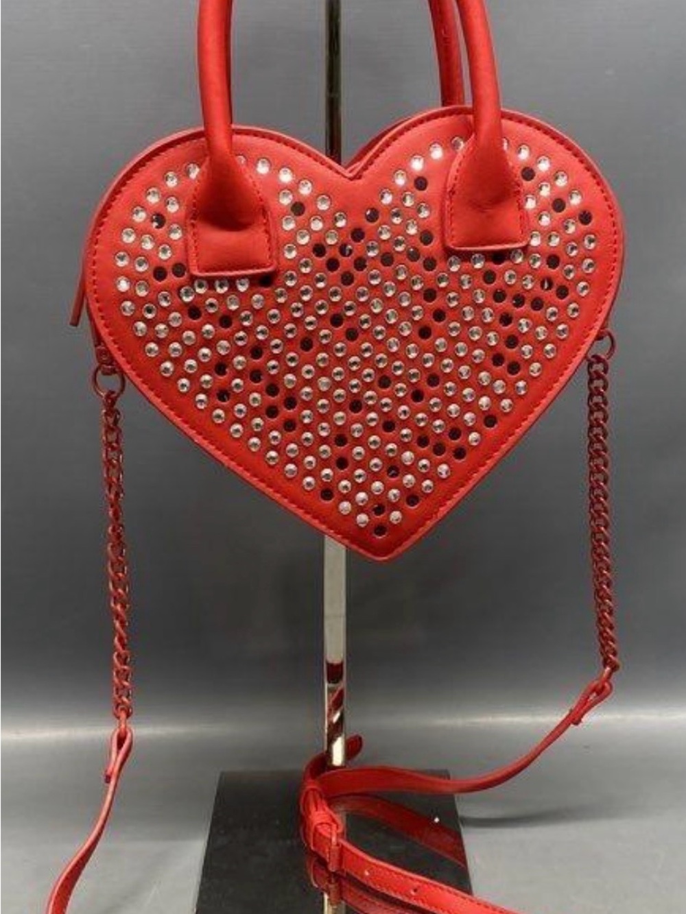 Betsey Johnson Studded Red Heart Crossbody Bag with Chain Strap. RARE
